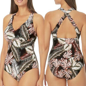✨NWT Hurley Black Pink Palm Tree One Piece Swimsuit Size Small